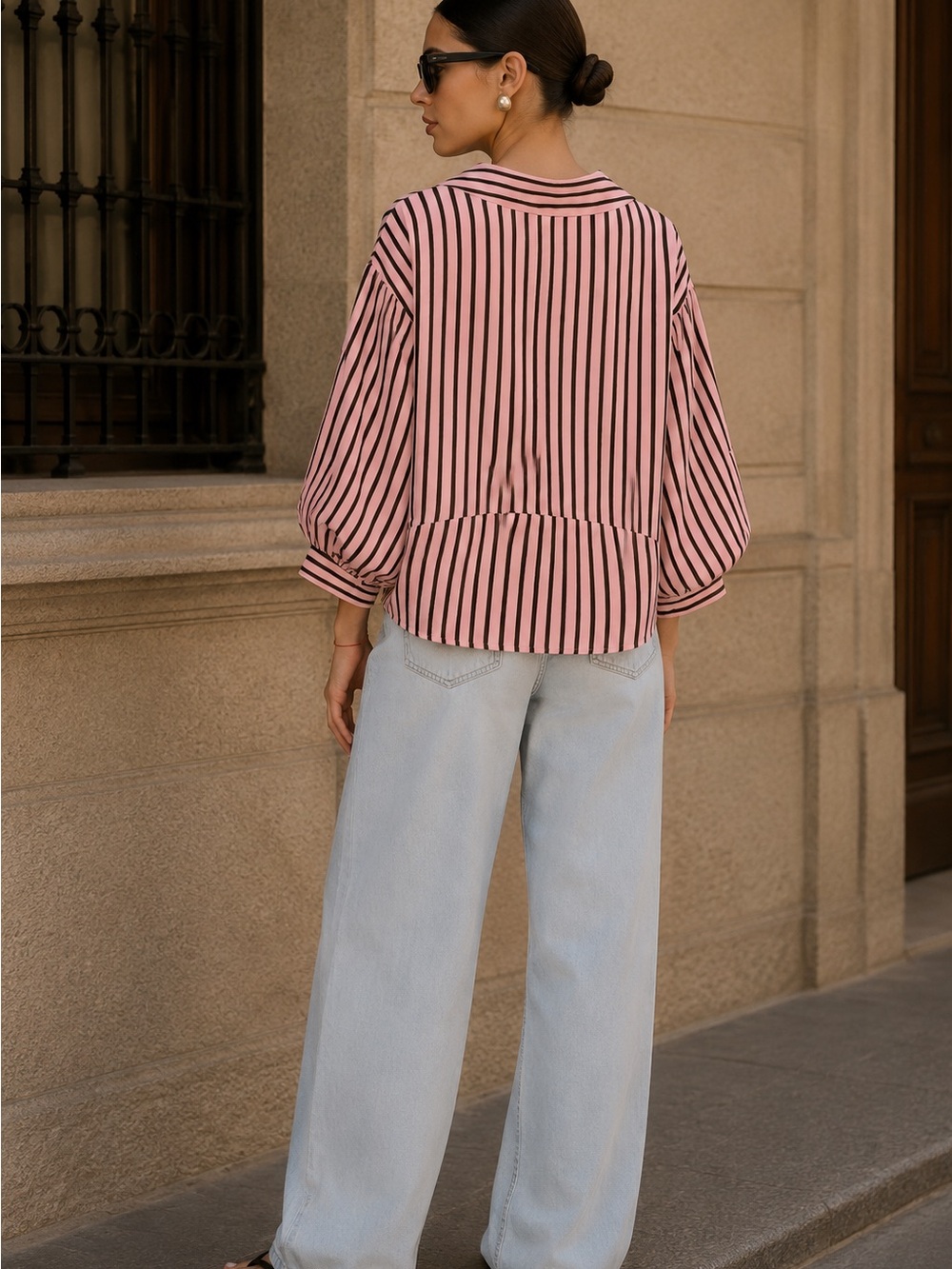 Zara Pink Striped Balloon Sleeve Button Front Shirt Blouse M NWT - Picture 5 of 11